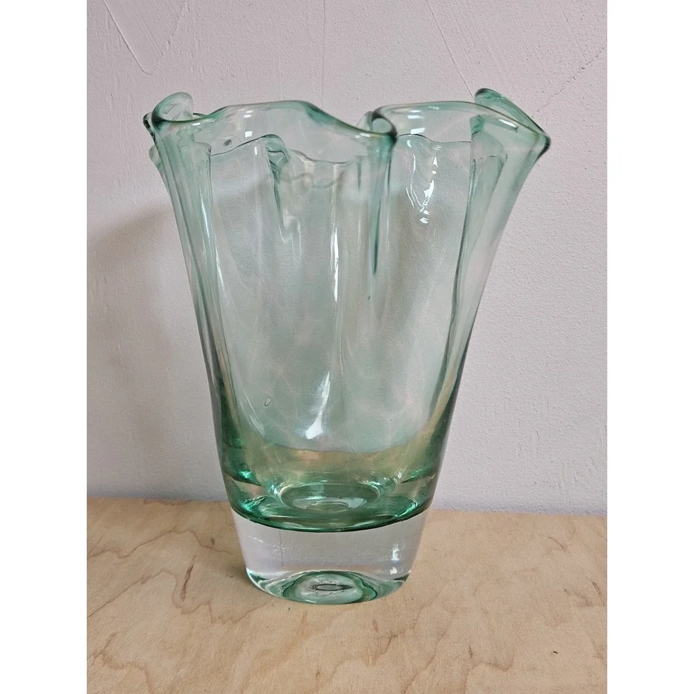 Hand Blown Art Glass Vase Clear Green Striped Ruffled Rim 7 Inch Decorative